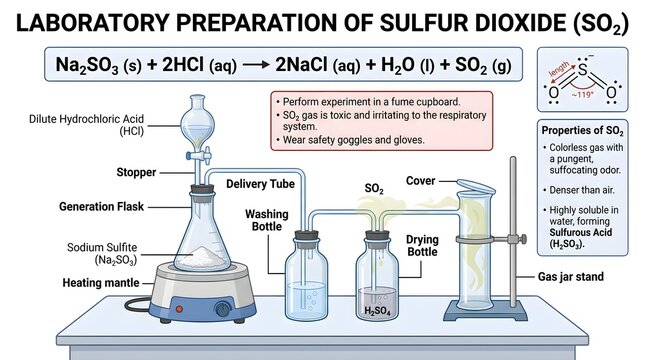 Laboratory preparation of sulfur dioxide (SO₂) showing reaction of sodium sulfite with dilute hydrochloric acid, gas generation apparatus, delivery tube, washing and drying bottles, gas collection, sa