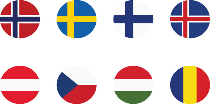 Scandinavian and central european flags collection in a flat vector style on a white background