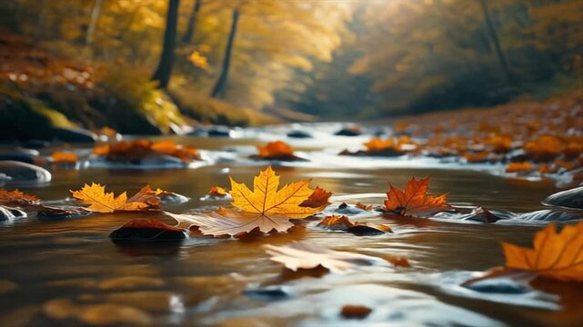 Autumn forest stream with colorful fallen maple leaves resting on rocks in the water river fall nature seasonal creek river fall nature seasonal creek