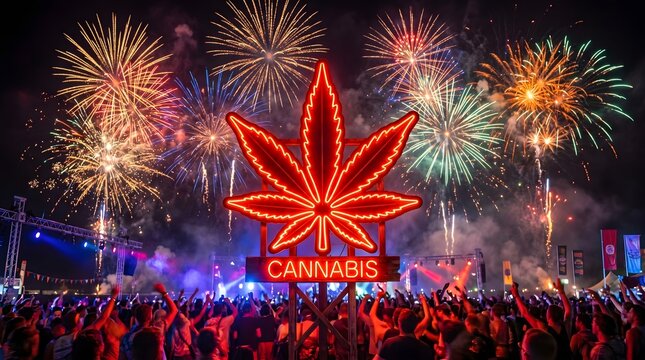 Bright red neon cannabis leaf sign glowing above a cheering crowd at a vibrant music festival during a firework display