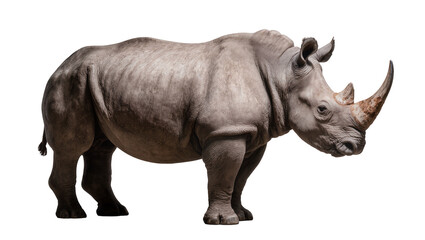 Fototapeta premium Gray rhinoceros with large horn standing profile view