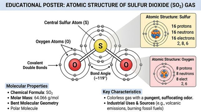 Educational poster on the atomic structure of sulfur dioxide (SO₂) gas, detailing subatomic particles in sulfur and oxygen atoms, electron configuration, molecular properties, key characteristics, and