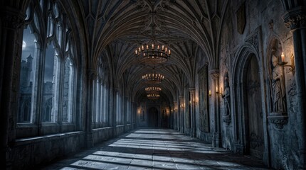 Obraz premium Dark gothic cathedral corridor with stone vaulted ceilings