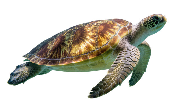 Green sea turtle swimming with detailed shell pattern