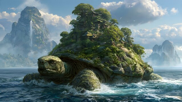 Giant ancient turtle carrying a lush green island ecosystem on its shell emerging from the ocean waves with misty mountains and clouds in the distance surreal fantasy journey concept