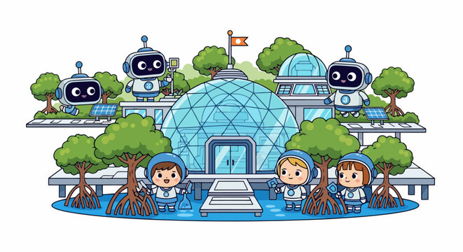 Cute cartoon astronauts and robots in a futuristic space colony.