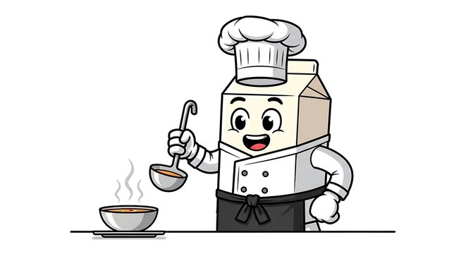 Cartoon robot chef holding a frying pan.