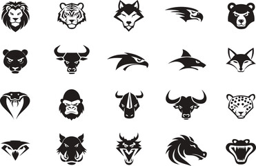 Fototapeta premium Set of wild animal head icons and mascot logos isolated on transparent background, Vector
