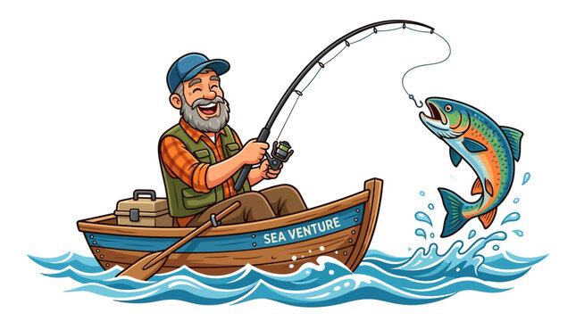 Cartoon vector illustration of a happy fisherman fishing from a small wooden boat in the open sea, holding a fishing rod with a big fish jumping out of the water, with colorful flat design
