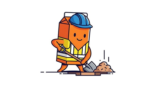 Cartoon construction worker operating mini excavator.