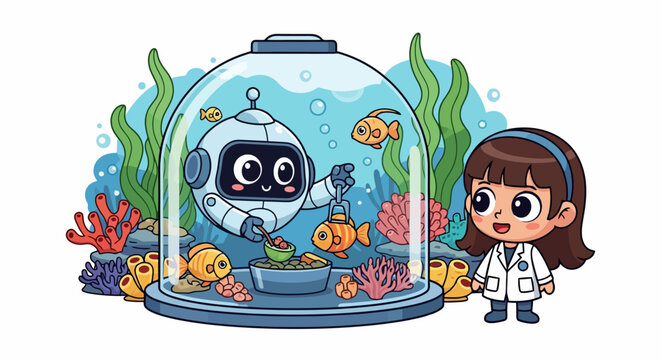Cute robot feeding fish in aquarium with scientist watching.