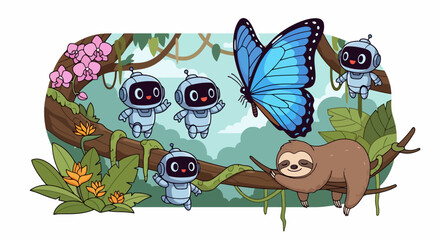 Obraz premium Cute robots and a blue butterfly in a jungle setting with a sloth.