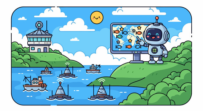 Cute robot with computer screen and boats in the sea.