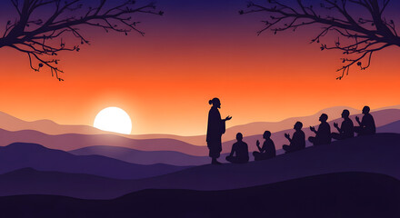 Fototapeta premium Guru purnima spiritual teacher sharing wisdom with students at sunset