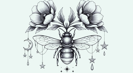Bee with flowers, stars, and moon, mystical insect illustration, dreamcatcher concept, tattoo design © Norway
