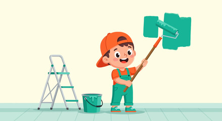 Fototapeta premium Cartoon boy painting wall with green paint, home renovation concept
