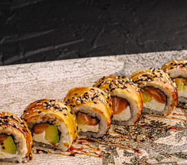 Eel salmon avocado cream cheese maki sushi rolls © AntAlexStudio
