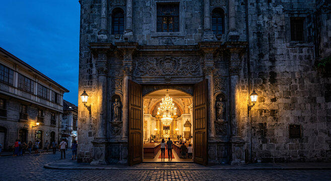 Illuminated colonial Catholic church entrance with open wooden doors, chandeliers, and worshippers at blue hour