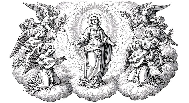 Vintage Black and White Engraving Illustration of the Assumption of the Blessed Virgin Mary Surrounded by Angels in Heaven