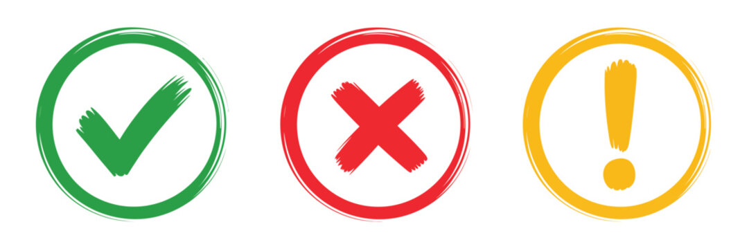 Validation icons, green check mark, yellow warning and red cross symbols for approval, error status and user interface feedback.