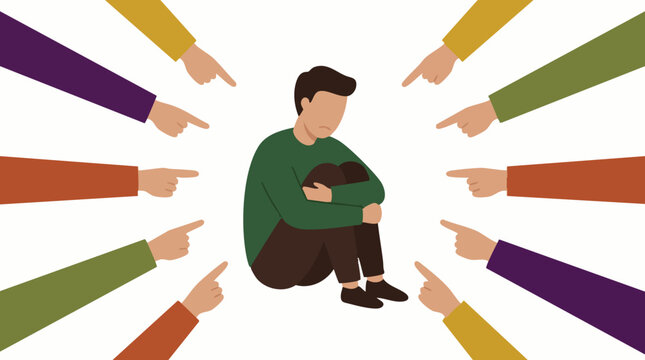 Sad man surrounded by pointing fingers symbolizing blame and social pressure