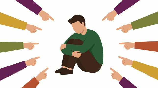 Victim of social shaming and blame, multiple hands pointing at sad person