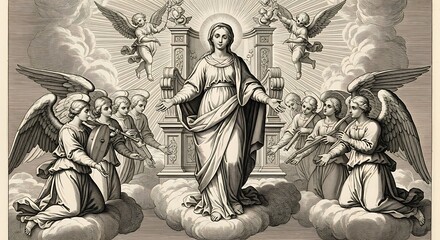 Assumption of the Blessed Virgin Mary Surrounded by Angels in Heaven, Antique Engraving Style Christian Religious Illustration with Sacred Clouds