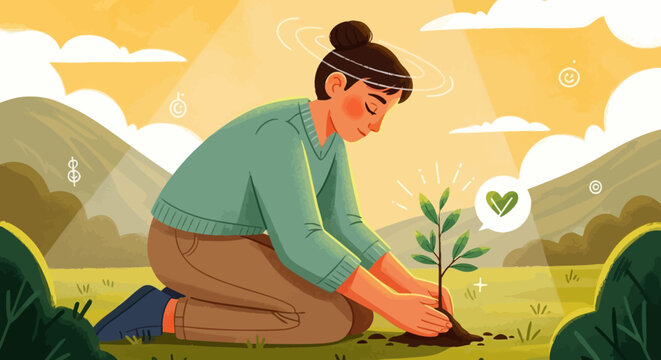 Woman planting young tree sapling in soil at sunset.