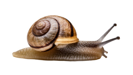 Garden snail with brown striped shell and textured body © Maria