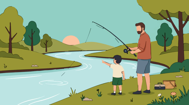 Father and son fishing by a tranquil river at sunset, family outdoor activity