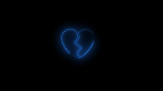 Glowing blue neon broken heart pulsing on black background, minimalist digital love symbol animation for romantic or heartbreak concepts, motion
