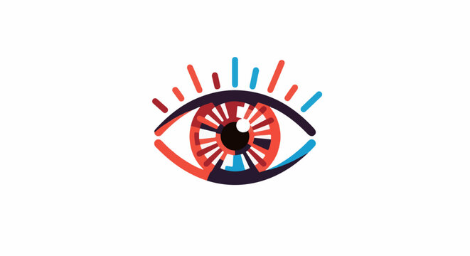A colorful illustration of a human eye with vibrant red, blue, and black lines