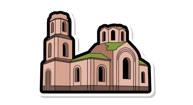 Cartoon illustration of old church building.