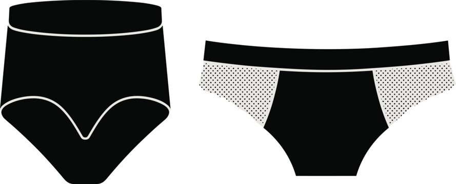 Black female underwear vector icon set featuring high waisted briefs and mesh bikini panties isolated on white background