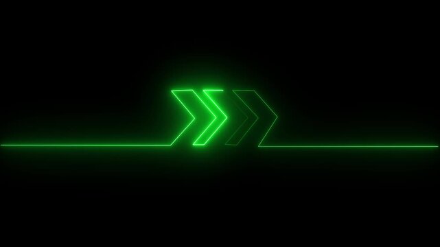 Neon green glowing arrow sign pulsing on dark background, abstract digital motion for technology and ui futuristic directional indicator animation