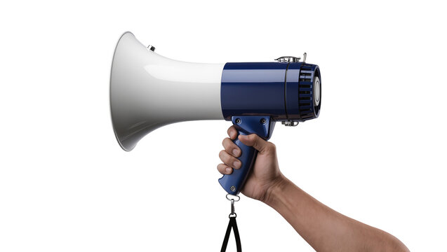 Hand holding blue and white megaphone with strap