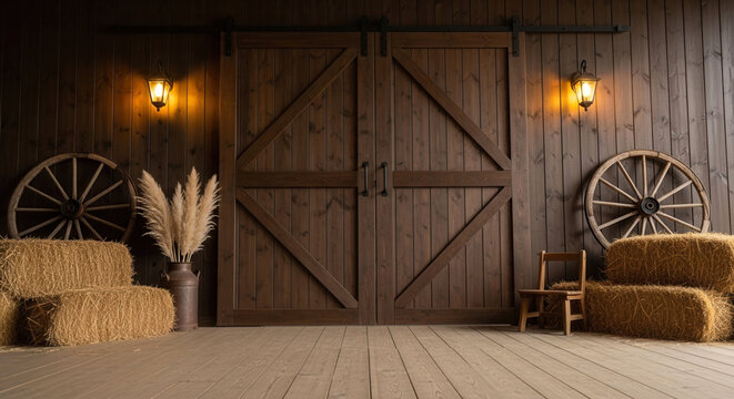 Large wooden barn doors framed by rustic cowboy saloon decor, country style and cozy atmosphere in a ranch event hall