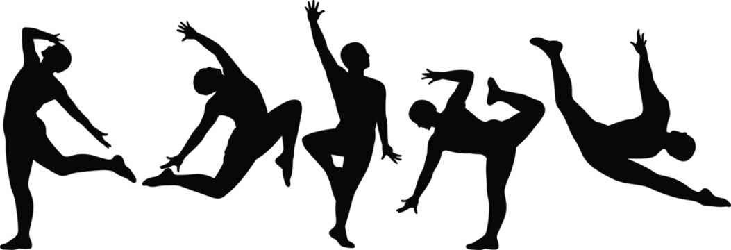 Black silhouette vector icons set of energetic dancers performing dynamic hip hop breakdance and modern jazz choreography