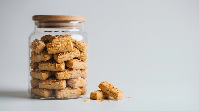 A glass container brimming with delicious, golden-brown, crunchy baked cookies, featuring a few scattered crumbs and a wooden lid, presented in a well-lit setting that highlights the textures