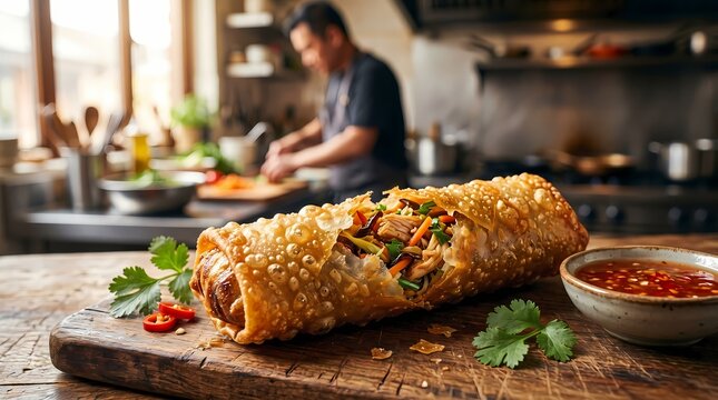 A perfectly golden fried egg roll filled with savory ingredients and garnished with fresh parsley and chili slices sits beside a small bowl of dipping sauce on a rustic wooden surface