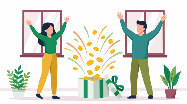 Happy couple celebrating financial success with money bursting from gift box