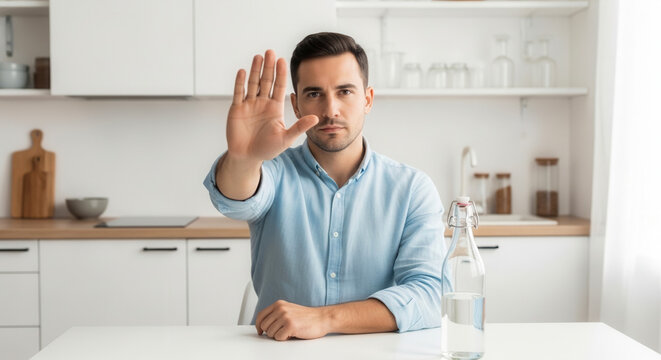 Serious Caucasian man saying no drink with stop gesture in modern kitchen, refusal and self-control