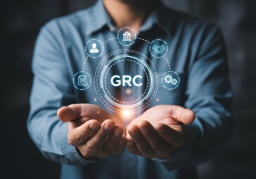 Businessman holding grc governance risk and compliance digital interface in modern office