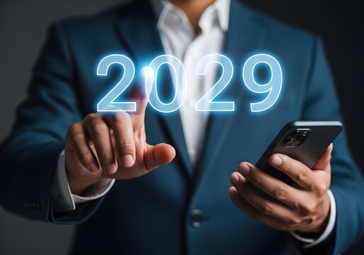 Businessman interacting with a glowing 2029 digital projection for future business planning