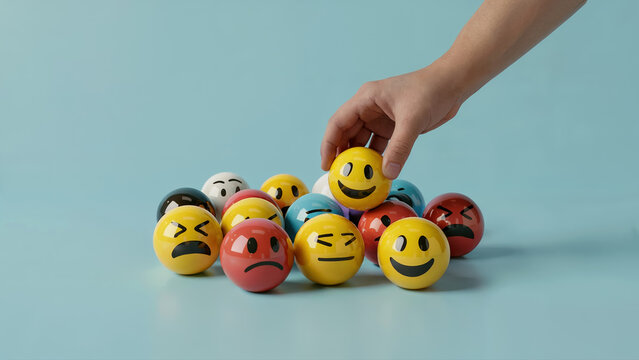 Hand picking happy smiley ball from group of colorful emotion faces