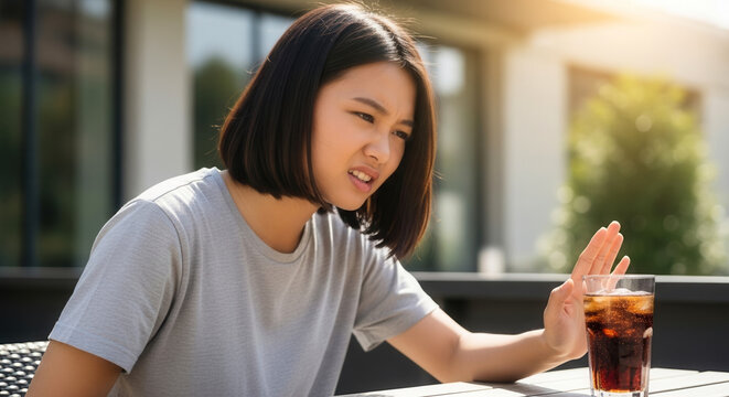 Young Asian woman rejecting drink of soda with disgust on outdoor cafe terrace, unhealthy lifestyle and sugar aversion