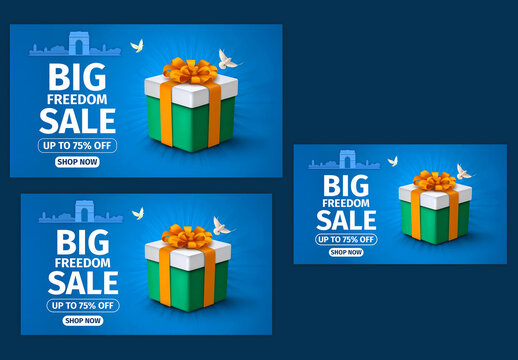 Editable Indian Independence Day Big Freedom Sale TV Ads Banner Set with 3D Gift Box and White Doves Flying on Blue Monument Background.