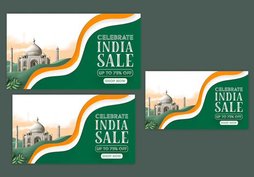 Editable Independence Day Celebrate India Sale Social Media TV Ads Banner Set with Watercolor Taj Mahal Illustration and 75 Percent Discount on Tricolor Wave Background.