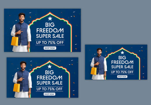 Editable Indian Independence Day Big Freedom Super Sale Banner Set with Illustration of Man Pointing Finger in Traditional Kurta and Shopping Bag on Blue Background.