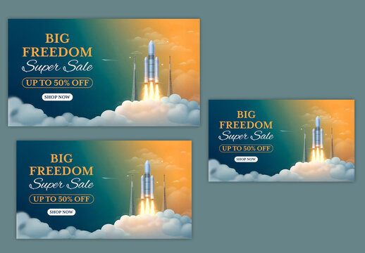 Editable Indian Independence Day Freedom Super Sale Social Media TV Ads Banner Set with Rocket Launch from Spaceport Towers and Clouds on Gradient Teal and Orange Background.